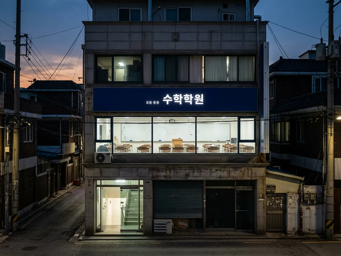 해 질 녘 골목, 남색 간판 아래 2층 교실에 불이 켜진 수학학원 건물
