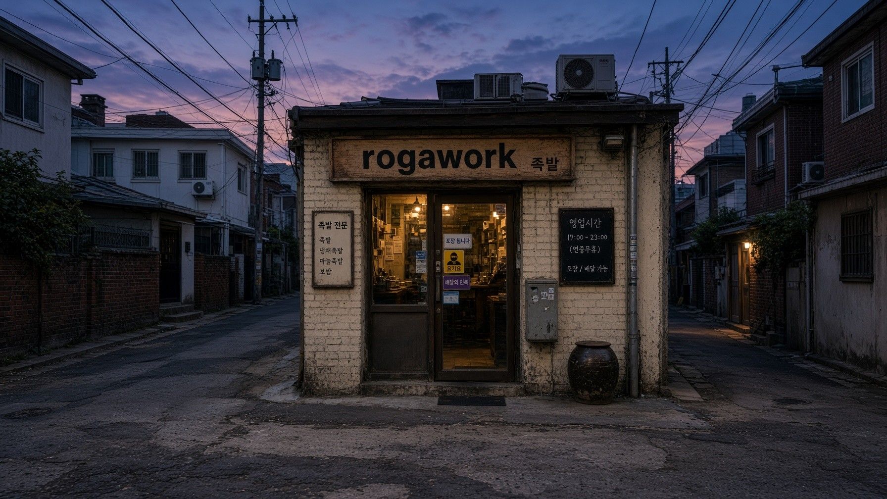 골목 끝에 불 켜진 가게가 보이는 저녁 풍경