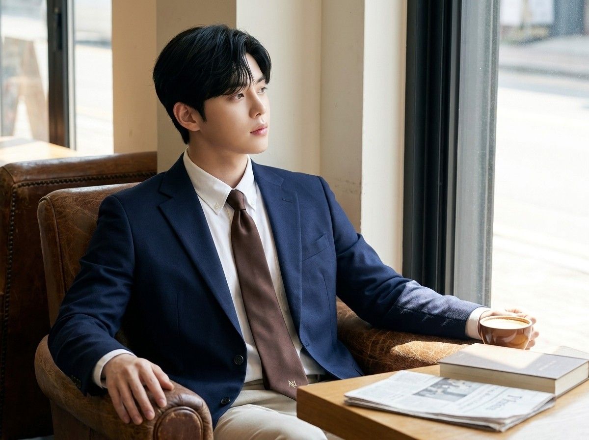 AI 생성 이미지: 남색 재킷에 갈색 넥타이 차림으로 창가 가죽 의자에 앉은 남성