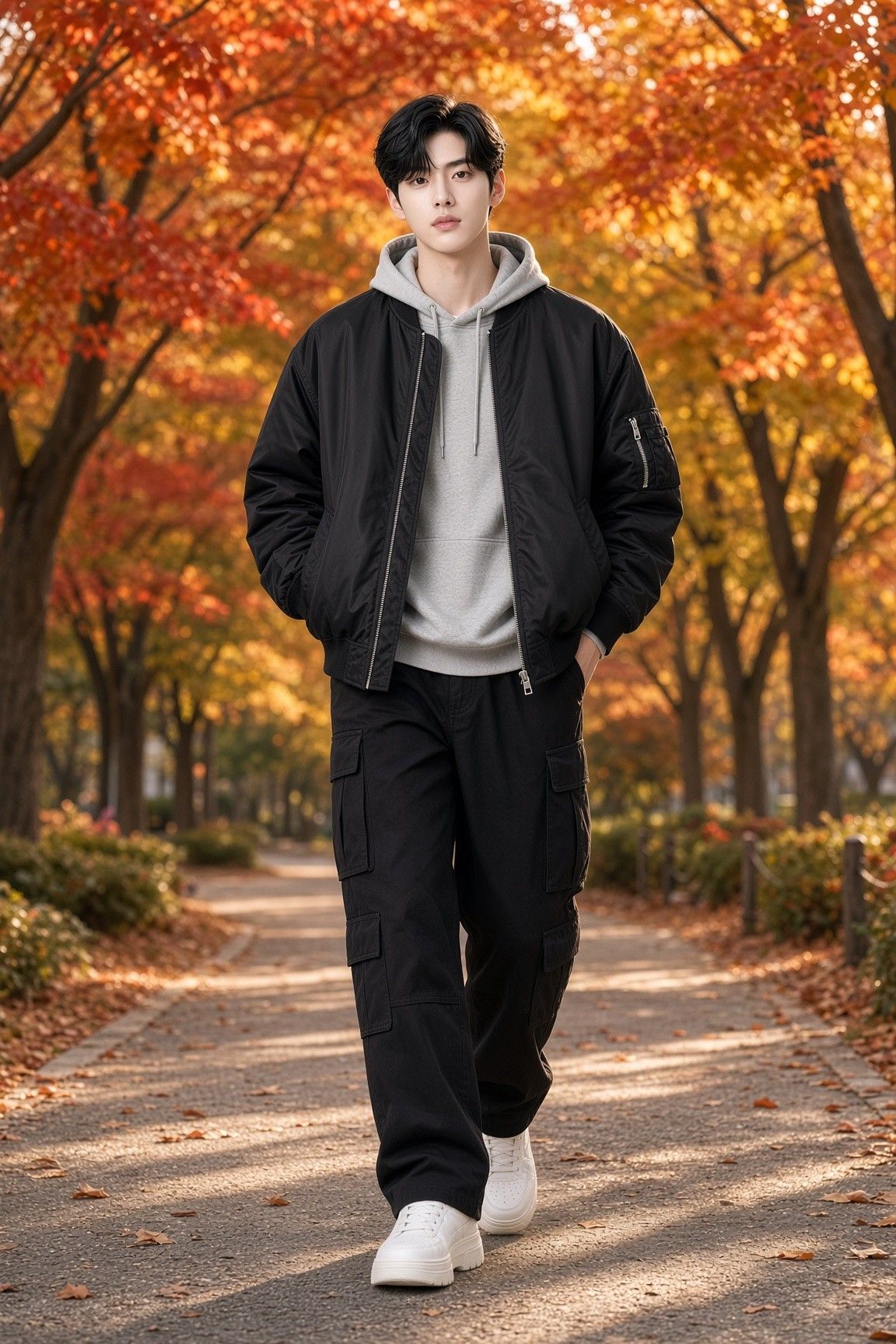 AI 생성 이미지: 붉은 단풍나무 길을 걷는 남성, 같은 한 벌 차림