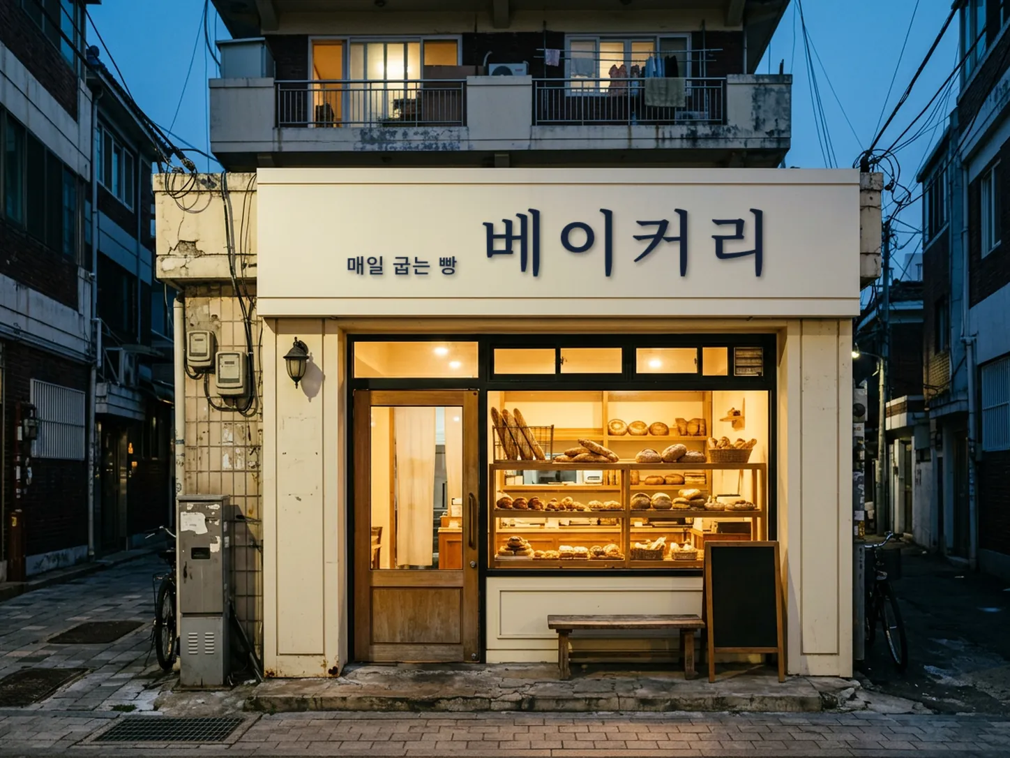 해 질 무렵 골목 1층, 불 켜진 진열창 안에 빵이 가득하고 문 앞에 나무 벤치와 칠판 입간판이 놓인 빵집 외관