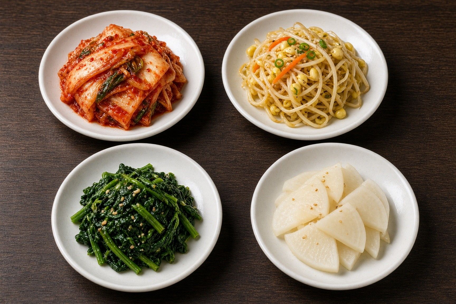 김치, 숙주, 시금치, 무 반찬 네 접시