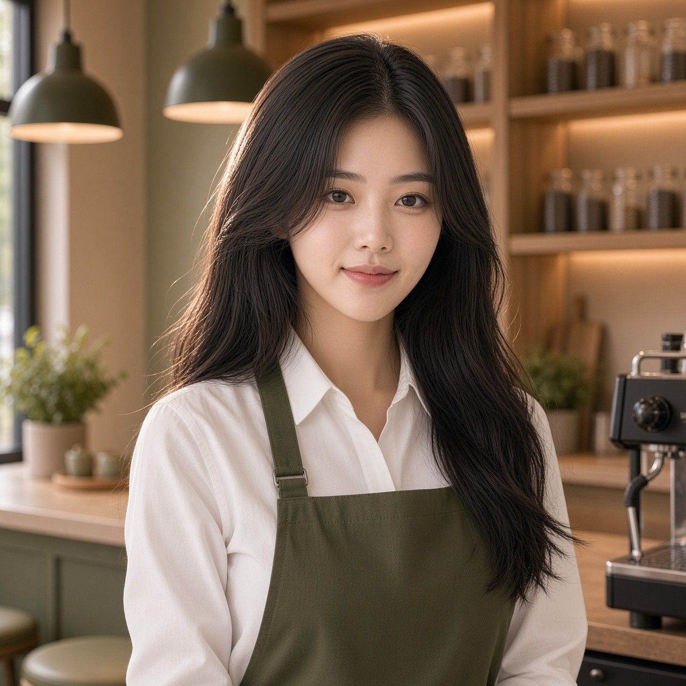초록 앞치마를 입고 웃는 바리스타