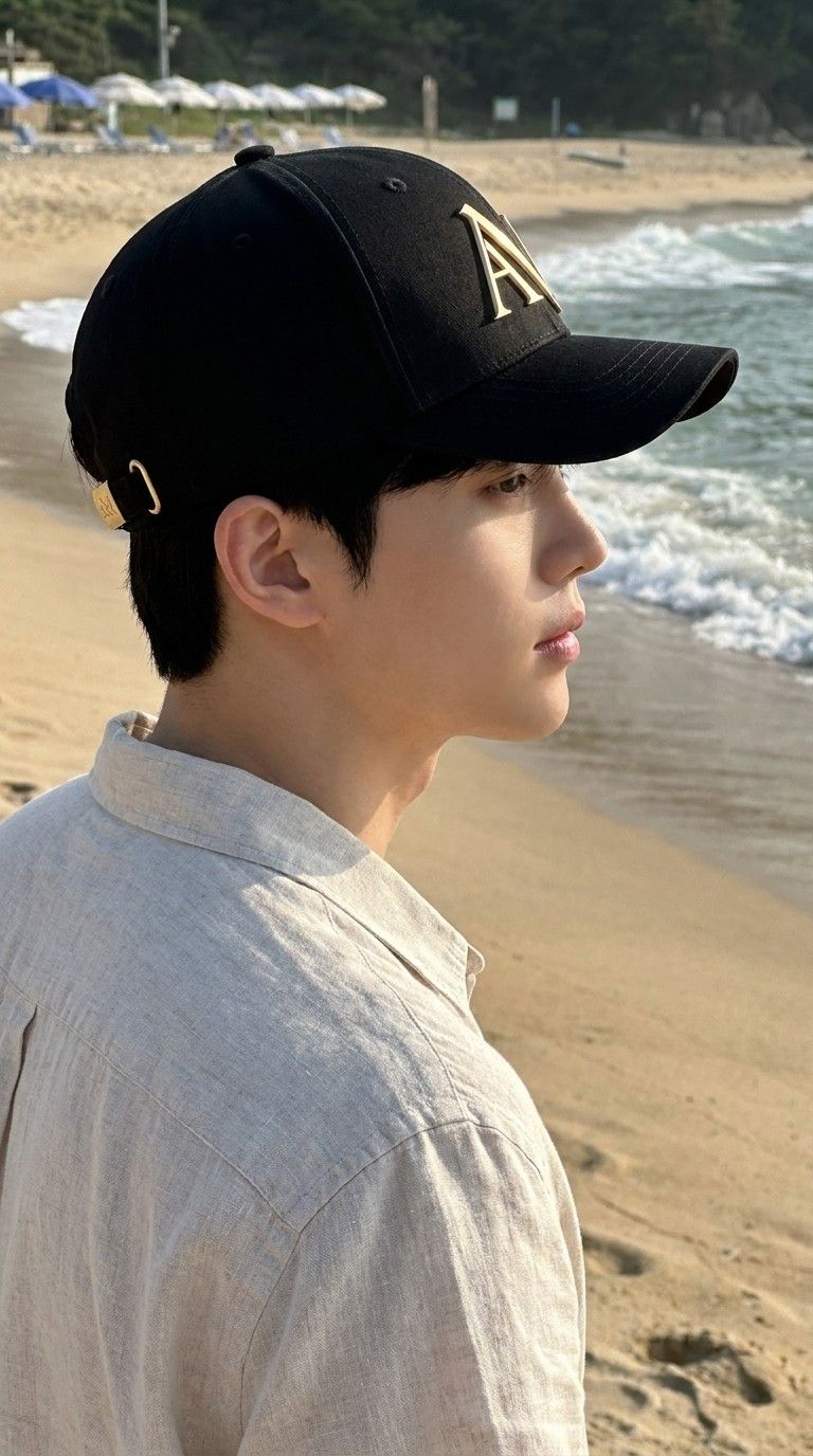 AI 생성 이미지: 검은 볼캡을 쓴 남성의 옆모습, 뒤쪽 금색 버클이 보임