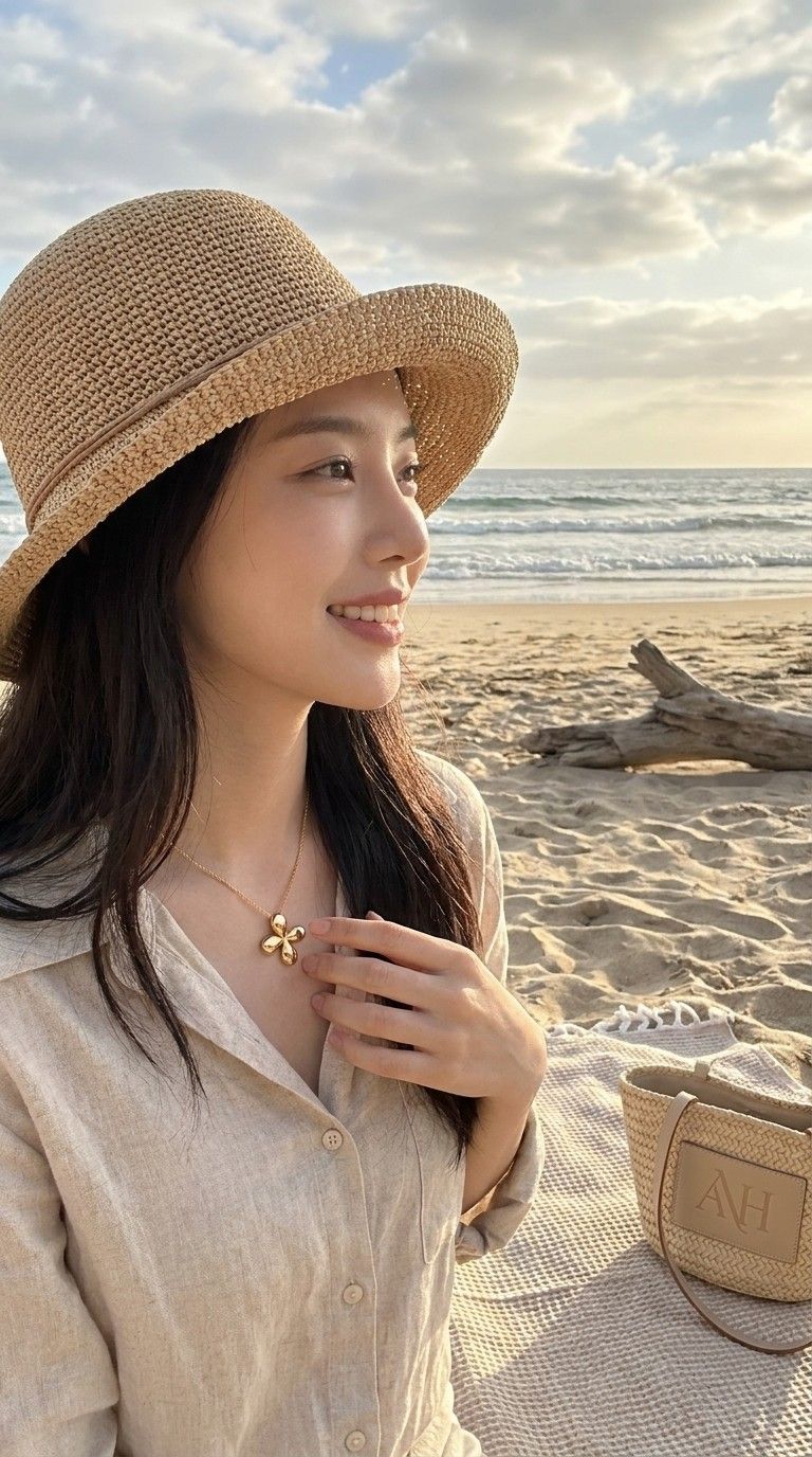AI 생성 이미지: 해변에서 밀짚모자와 린넨 셔츠 차림으로 웃는 여성, 셔츠 깃 사이 꽃잎 펜던트