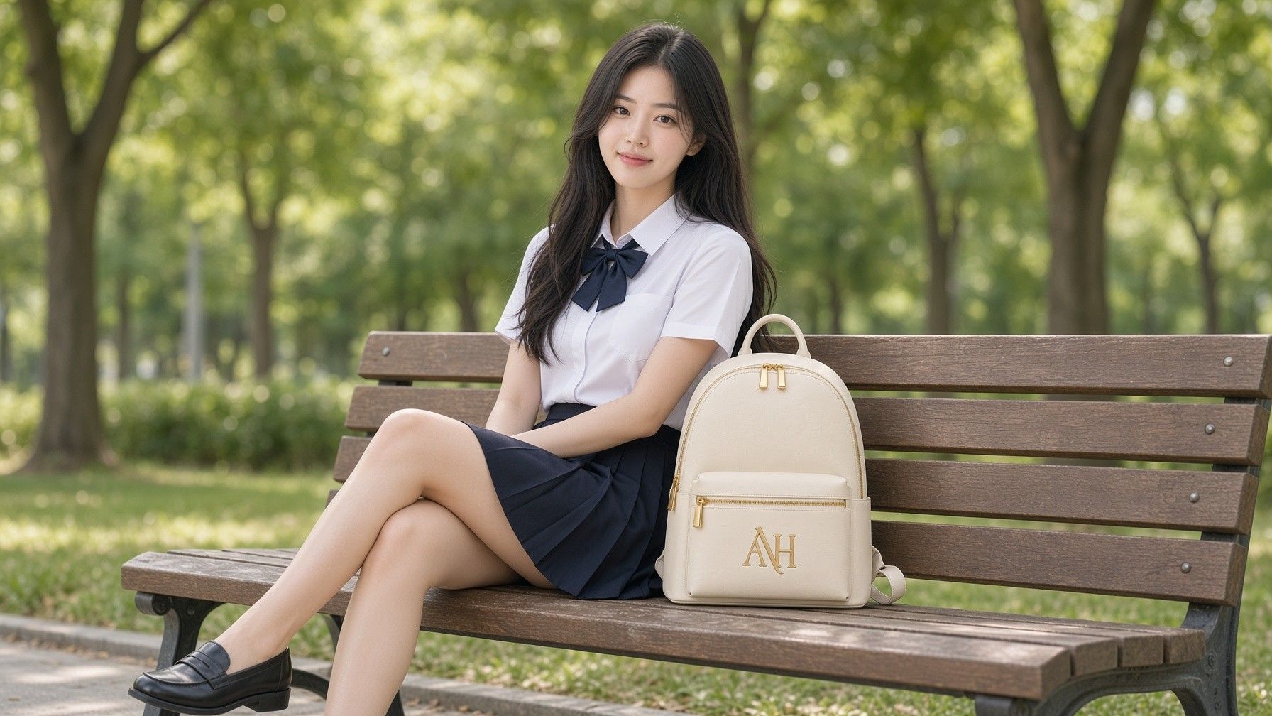 AI 생성 이미지: 공원 벤치에 앉은 교복 차림 여학생 옆에 놓인 미니 백팩