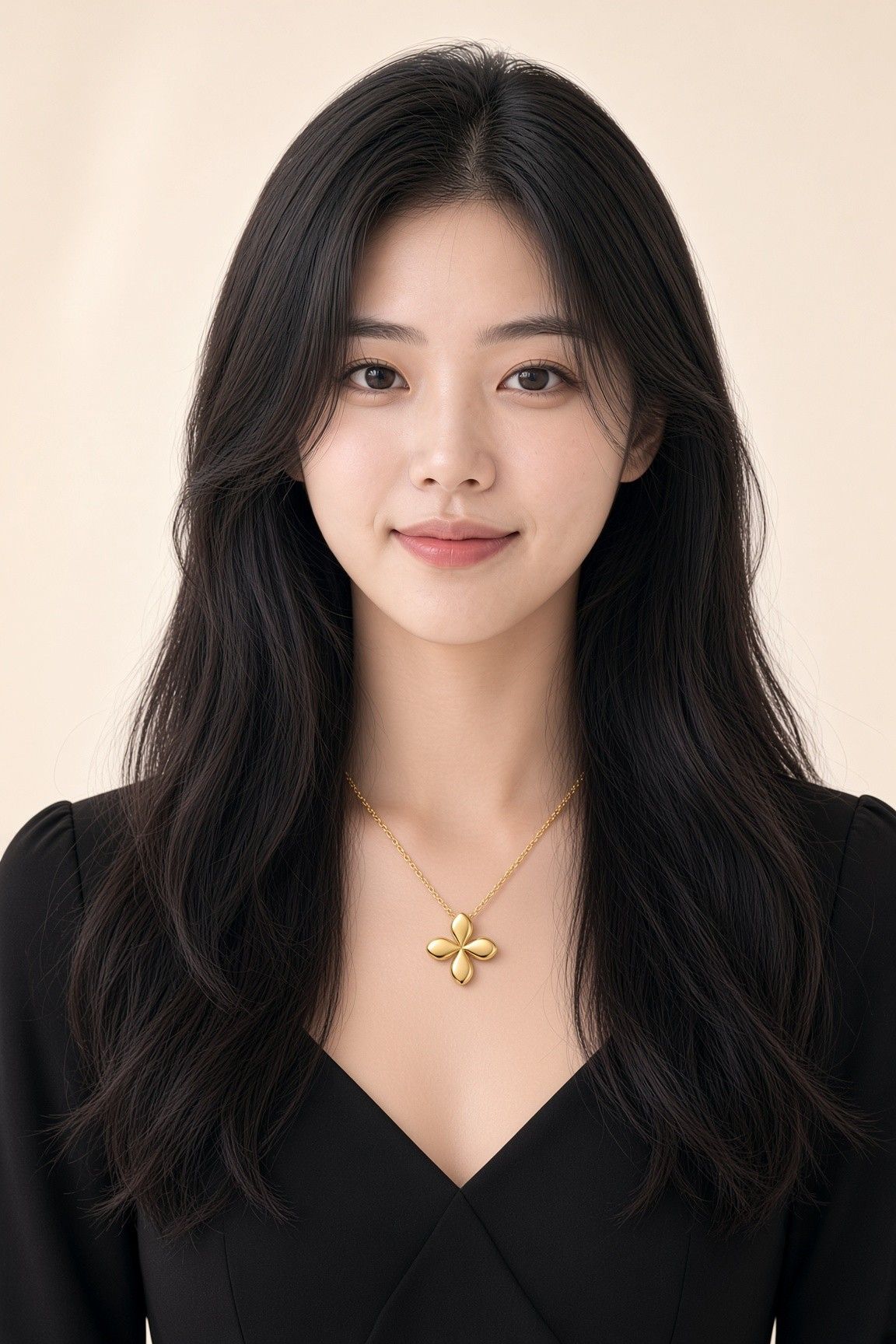 AI 생성 이미지: 검정 브이넥 원피스를 입은 여성, 브이 시작점 위에 놓인 꽃잎 펜던트