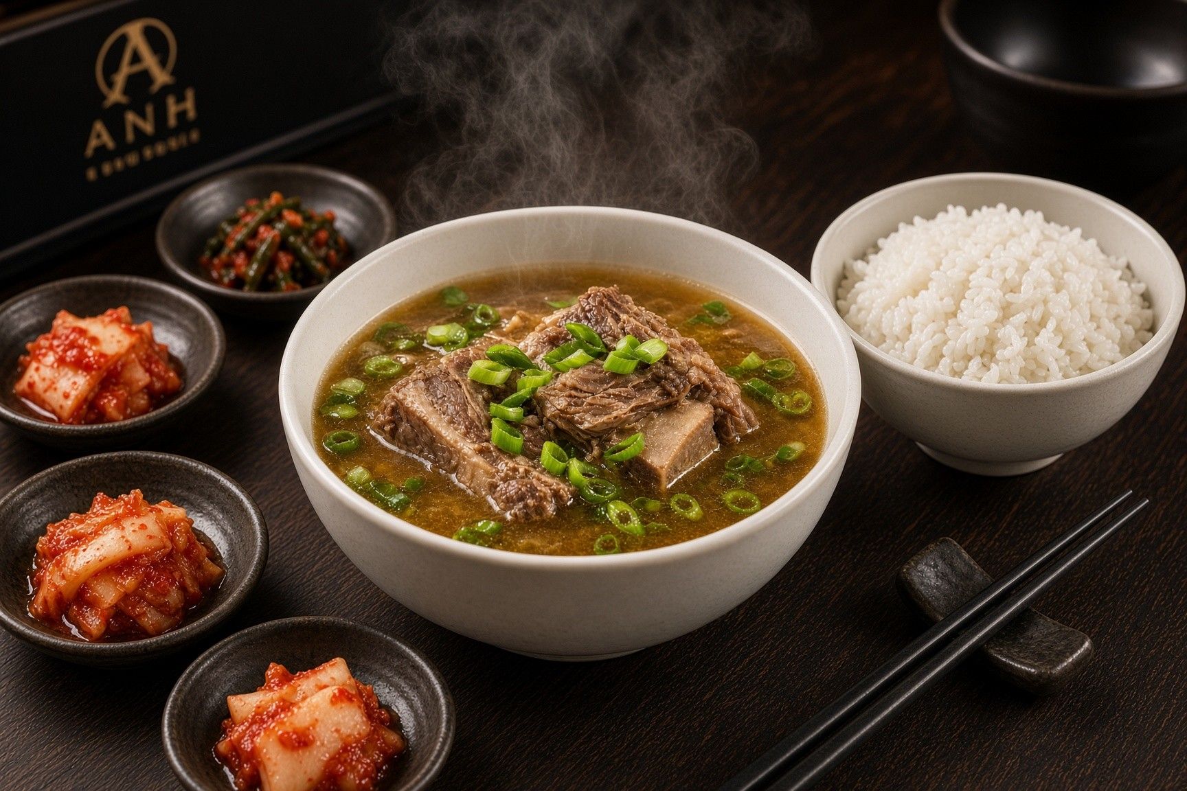 갈비탕과 공기밥, 김치가 차려진 한 상