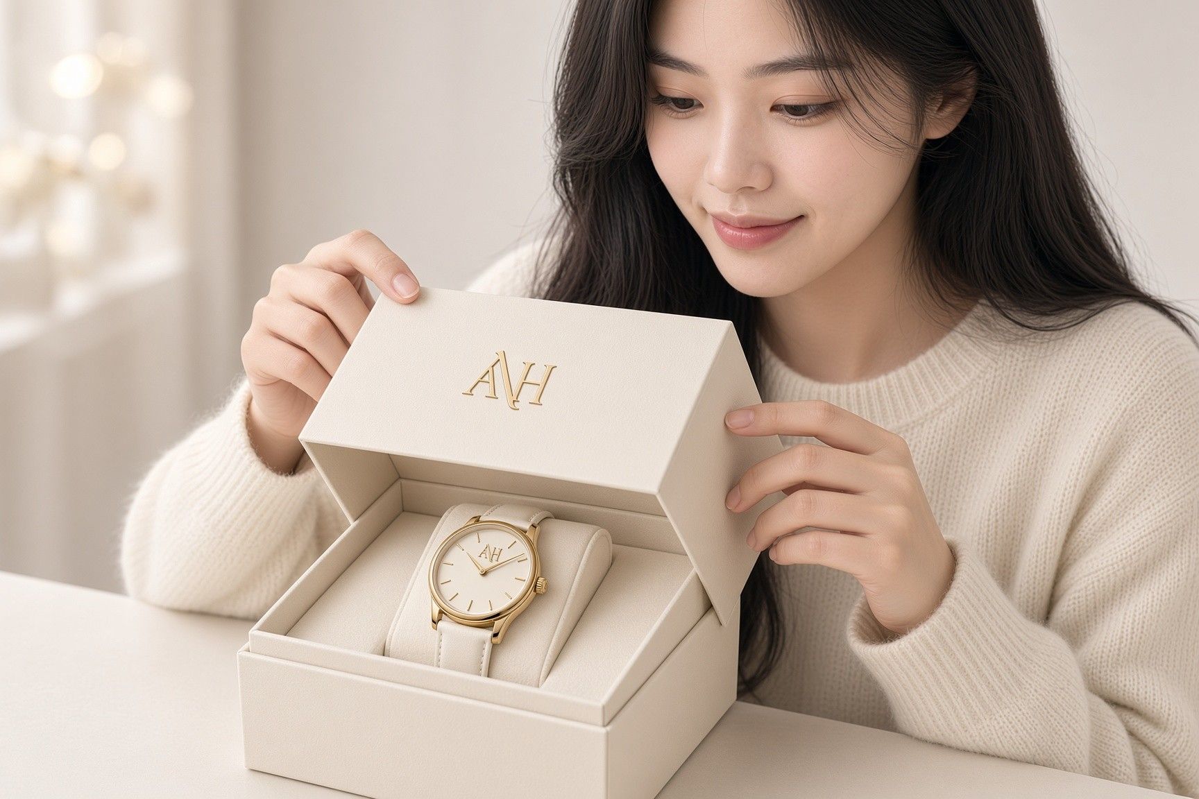 AI 생성 이미지: 흰 상자를 열어 금색 손목시계를 내려다보는 여성