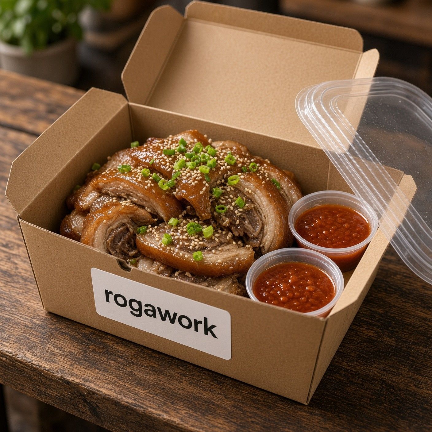 rogawork 로고가 붙은 크래프트 포장 박스 안의 족발