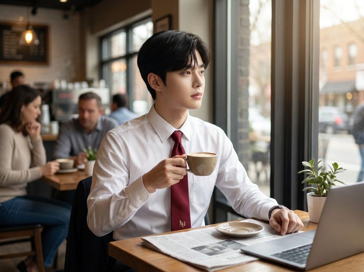 AI 생성 이미지: 카페에서 노트북 앞에 앉아 커피를 마시는 남성, 흰 셔츠에 버건디 넥타이