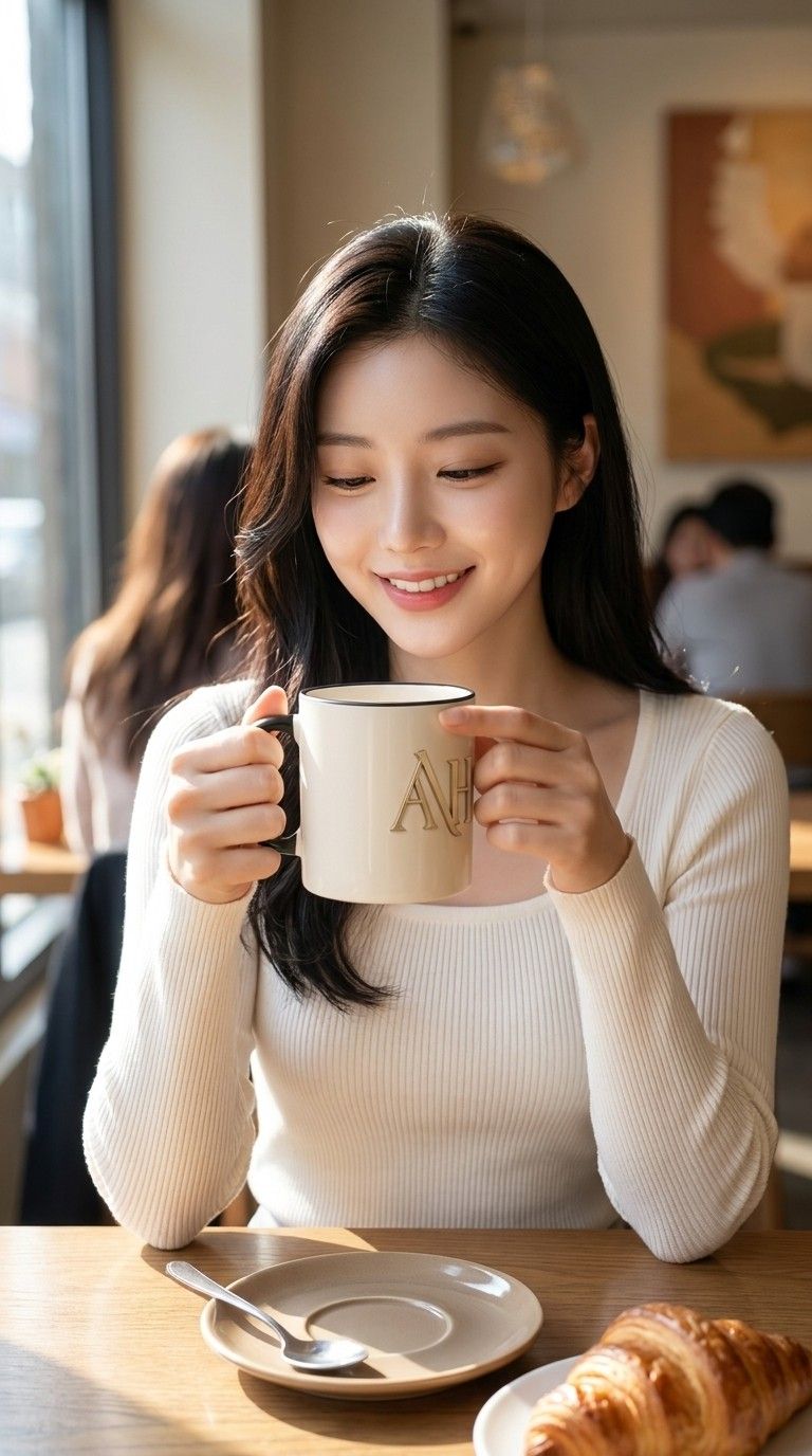AI 생성 이미지: 카페 창가에서 크루아상 옆에 머그를 들고 웃는 여성