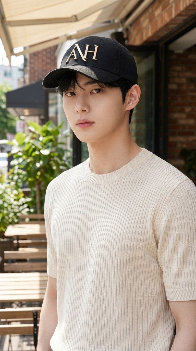 AI 생성 이미지: 벽돌 카페 앞에 선 남성, 검은 볼캡과 아이보리 니트
