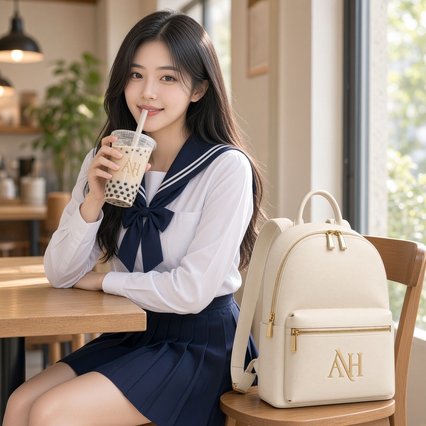 AI 생성 이미지: 카페 창가에서 버블티를 마시는 세일러 교복 차림 여학생, 의자에 걸친 미니 백팩