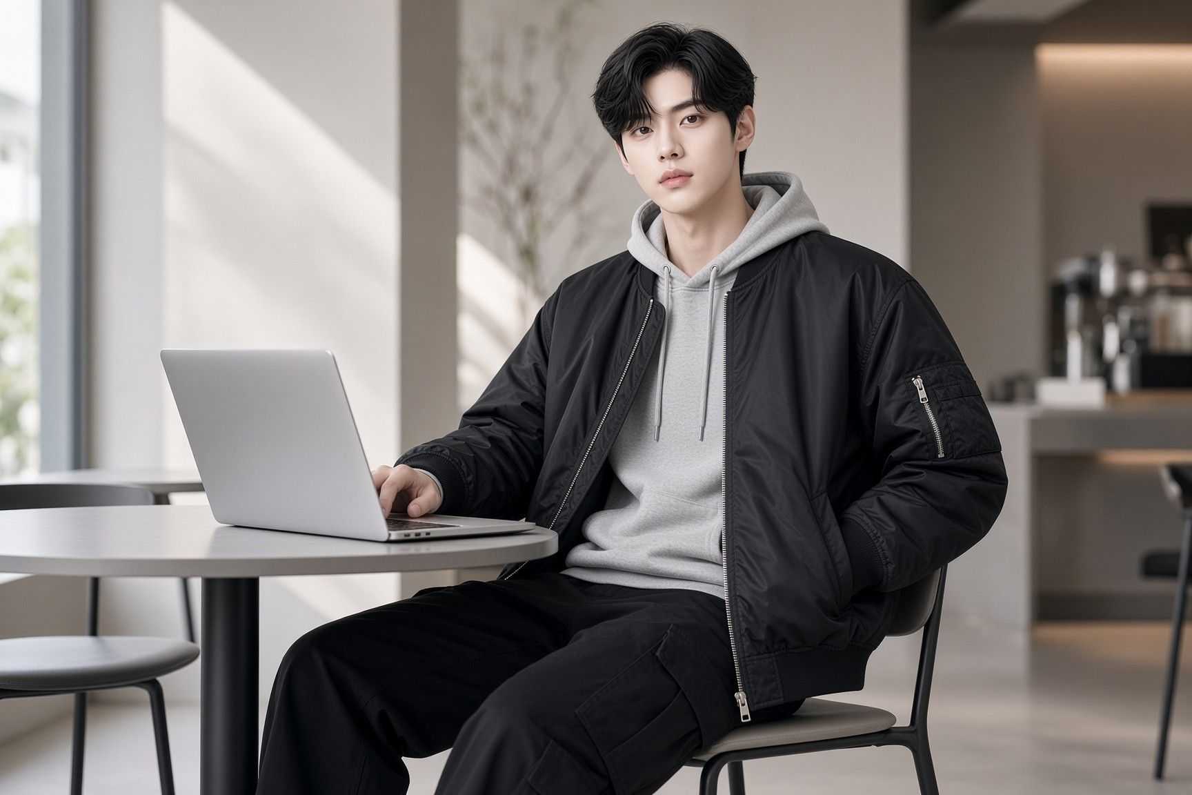 AI 생성 이미지: 카페 창가에서 노트북을 켜고 앉은 남성, 봄버 재킷과 후드