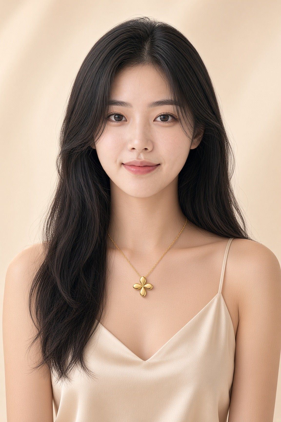 AI 생성 이미지: 베이지 새틴 캐미솔을 입은 여성, 가슴 위에 놓인 꽃잎 펜던트