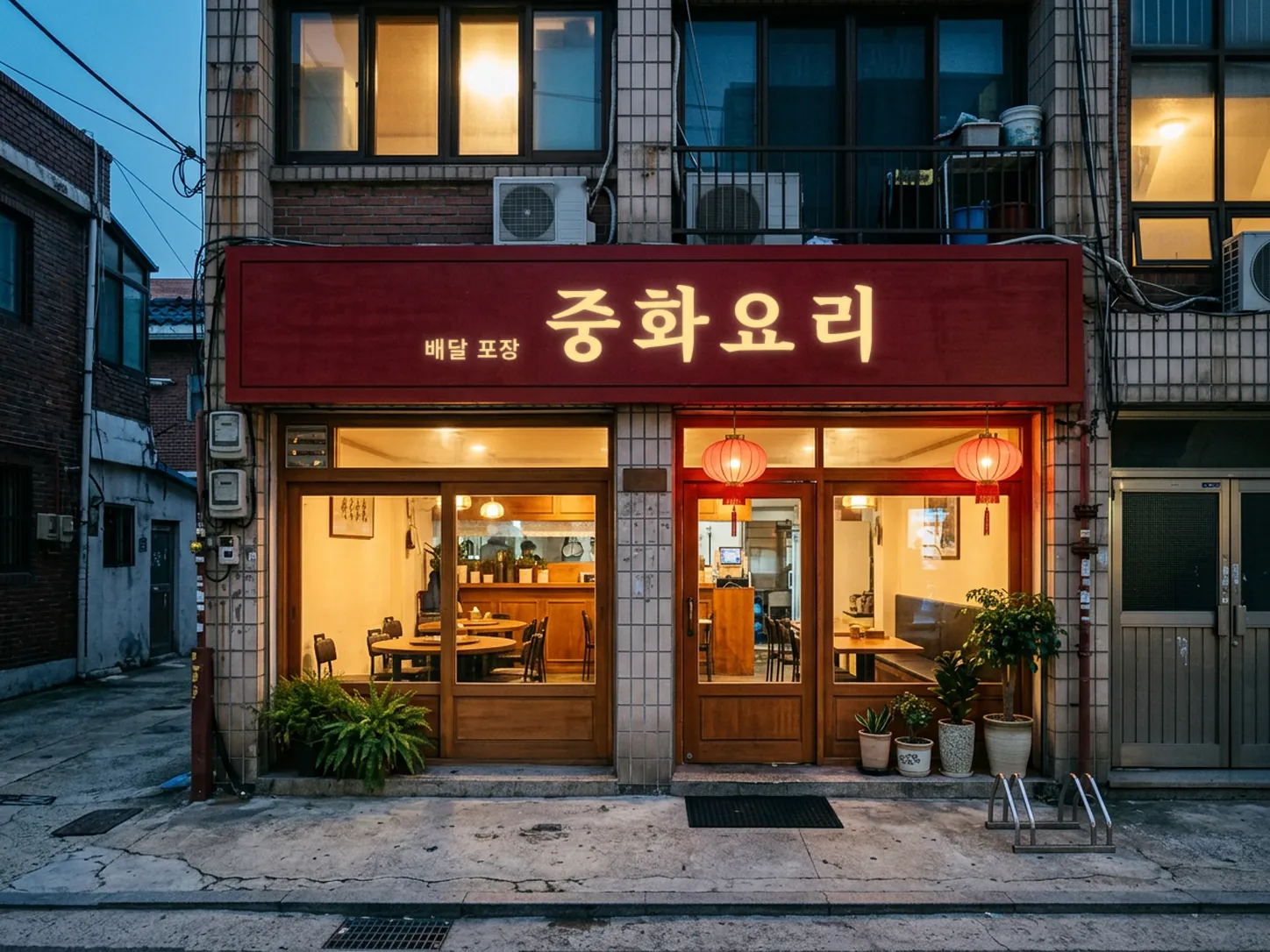 저녁 골목의 1층 중국집 외관. 타일 외벽에 원목 미닫이문, 문 위에 홍등 두 개가 켜져 있고 창 너머로 원탁이 보인다
