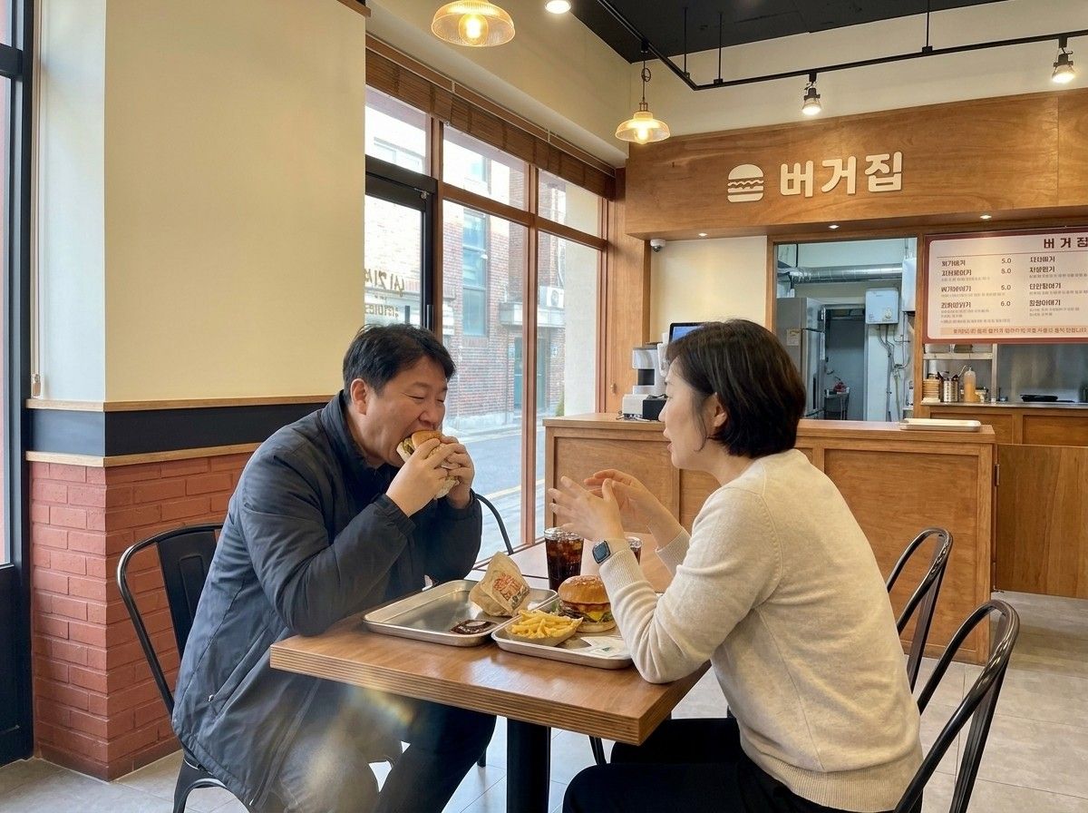 창가 테이블에서 버거를 먹는 두 사람