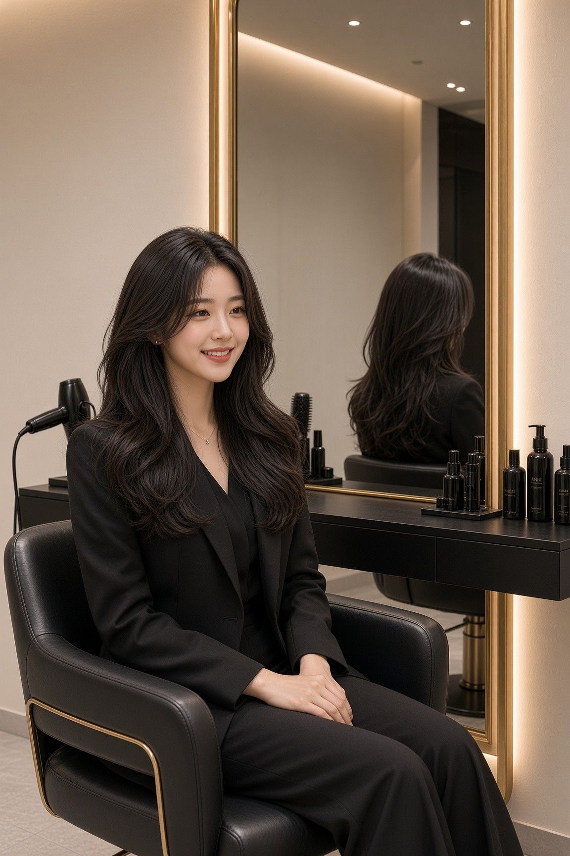 살롱 의자에 앉아 웃고 있는 긴 머리의 손님