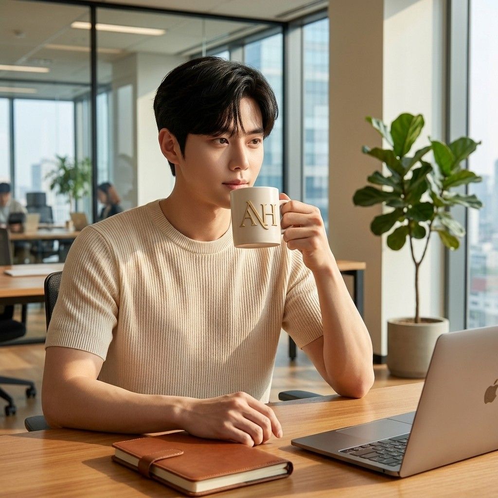 AI 생성 이미지: 사무실 창가 자리에서 니트 차림 남성이 노트북 옆에서 머그로 마시는 모습