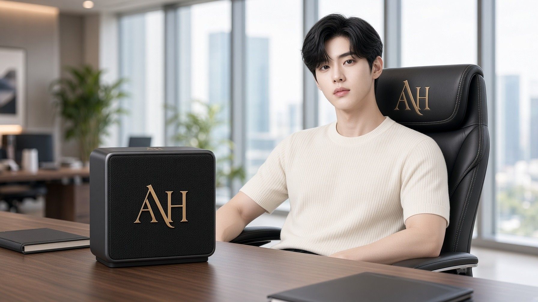 AI 생성 이미지: 사무실 의자에 앉은 남성 앞 책상 위 스피커