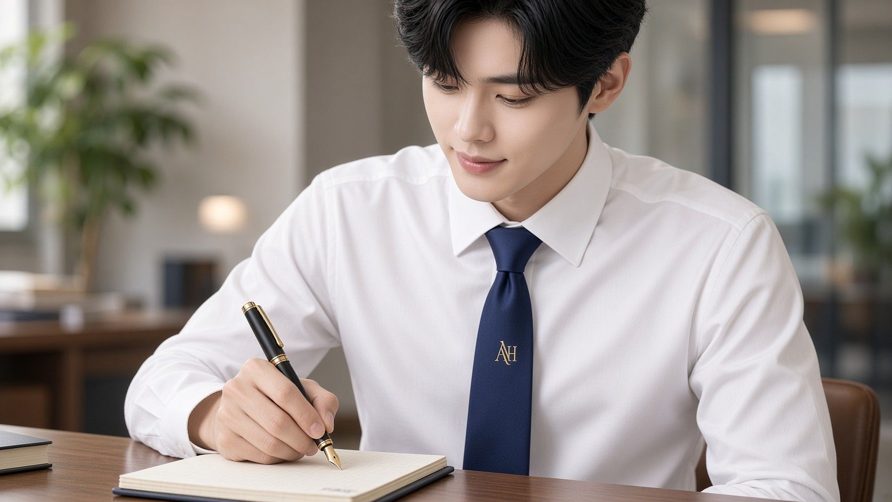 AI 생성 이미지: 흰 셔츠와 남색 넥타이 차림 남성이 사무실 책상에서 만년필로 서류에 쓰는 모습