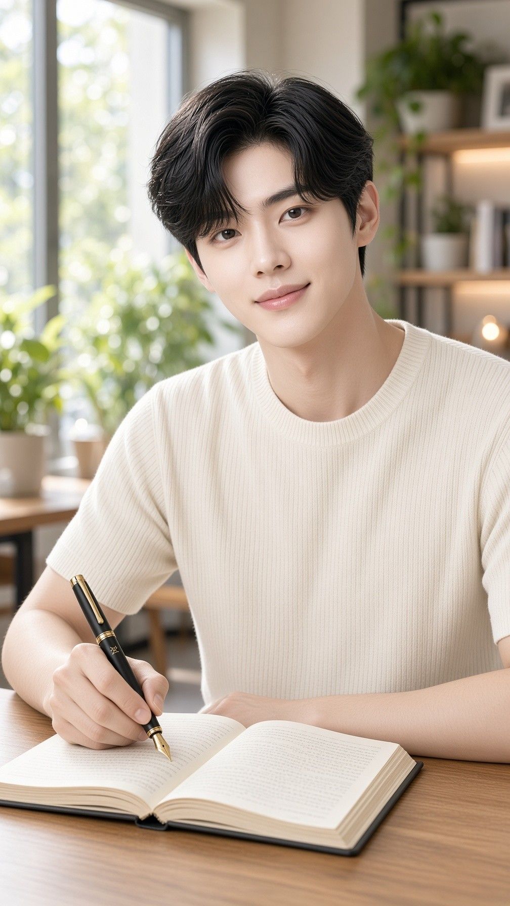 AI 생성 이미지: 아이보리 니트 차림 남성이 책상에서 만년필로 노트에 쓰며 웃는 모습