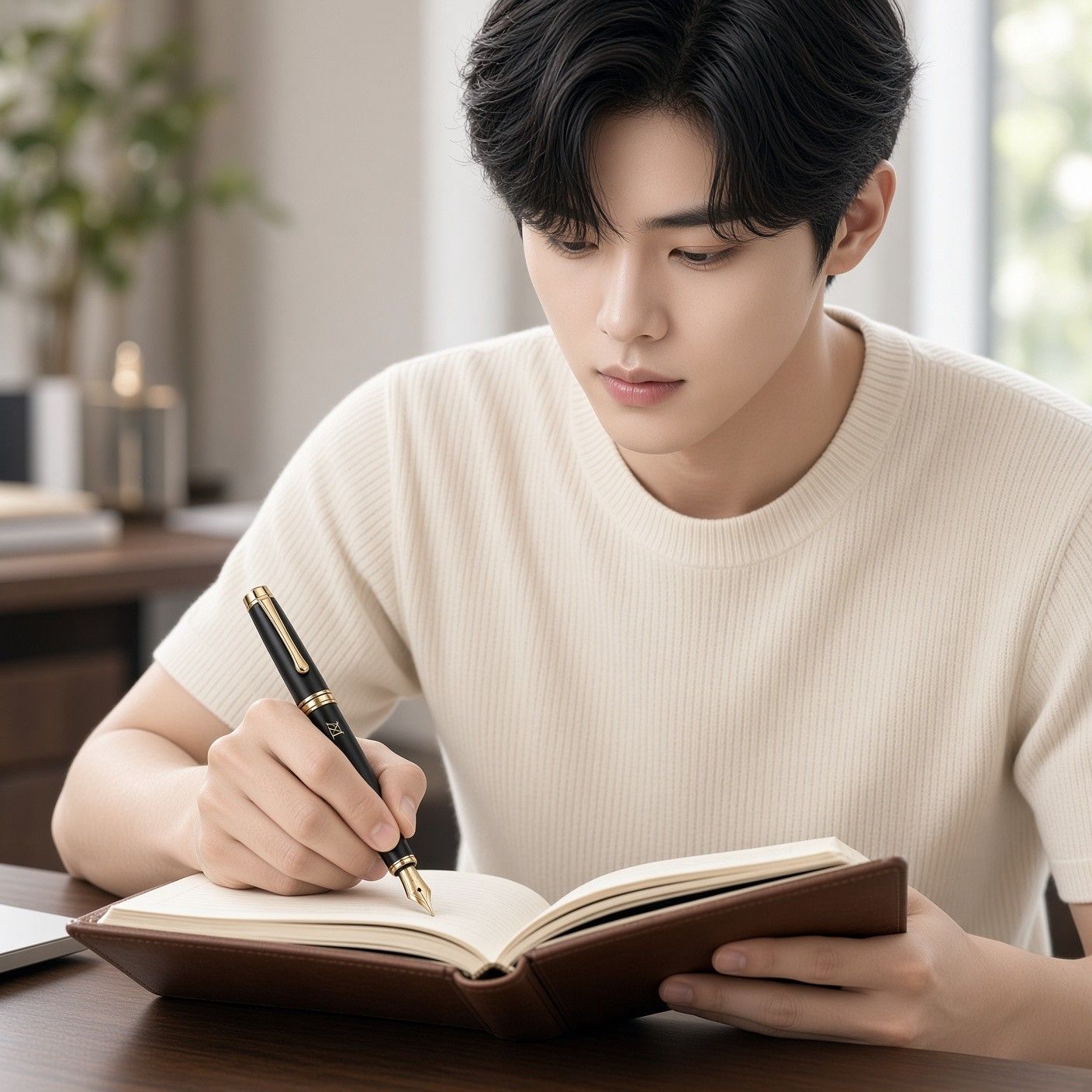 AI 생성 이미지: 가죽 다이어리를 펴고 만년필로 쓰는 남성, 아이보리 니트