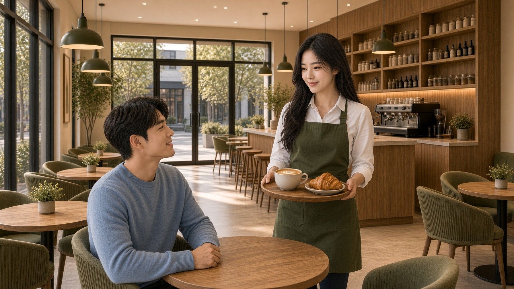 앞치마를 입은 직원이 손님 테이블에 음료를 내려놓는 모습
