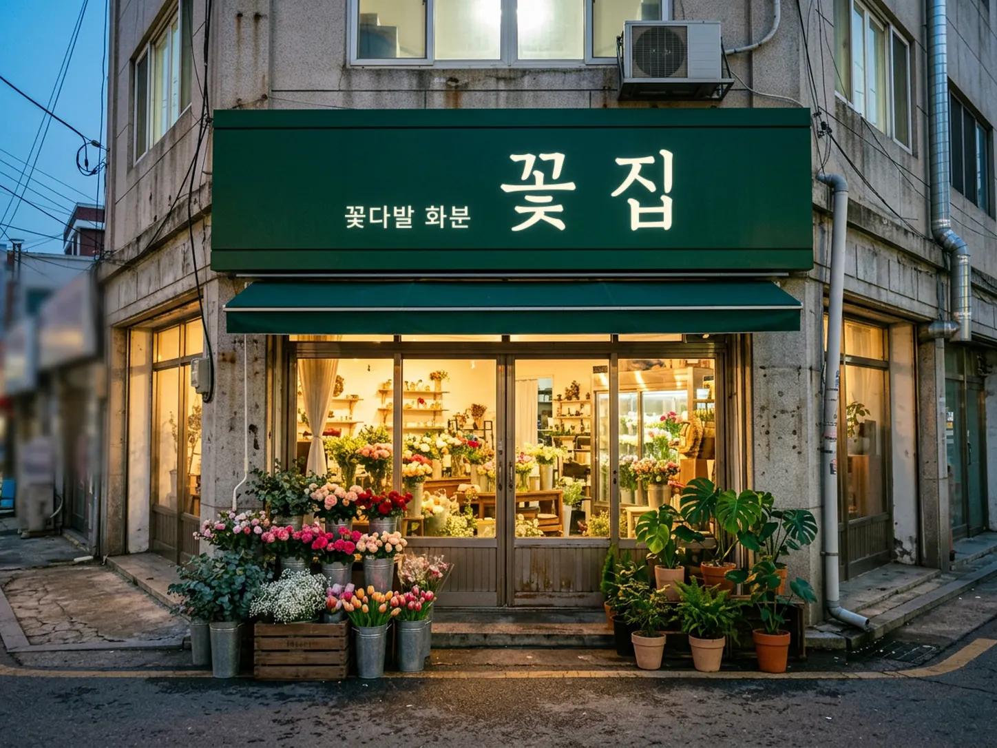 저녁 불빛이 켜진 동네 꽃집 외관 — 초록 간판과 차양 아래 양동이 꽃과 화분이 놓여 있다