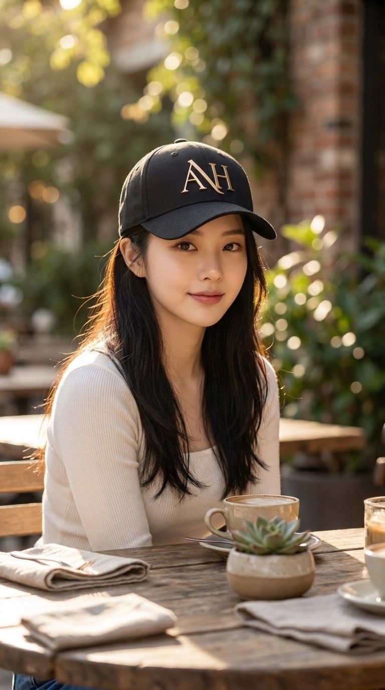 AI 생성 이미지: 정원 카페 탁자에 앉아 웃는 여성, 검은 볼캡