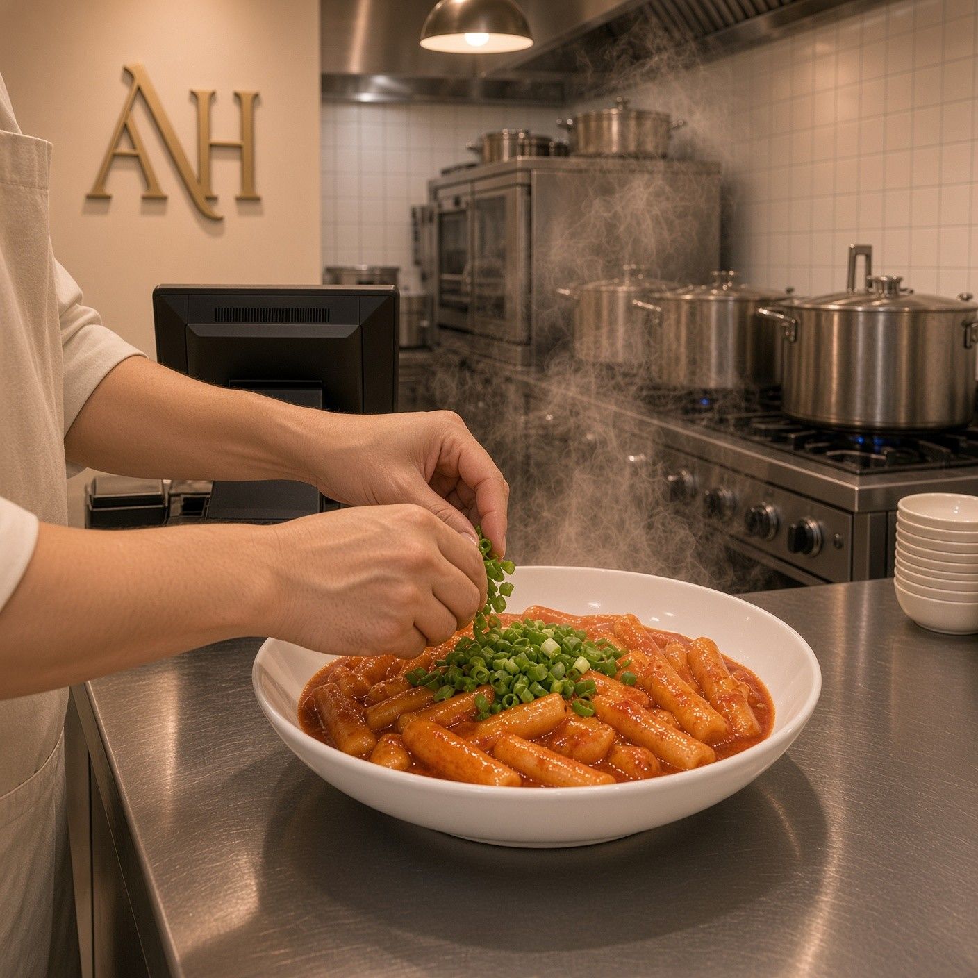 완성된 떡볶이 위에 대파를 올리는 손