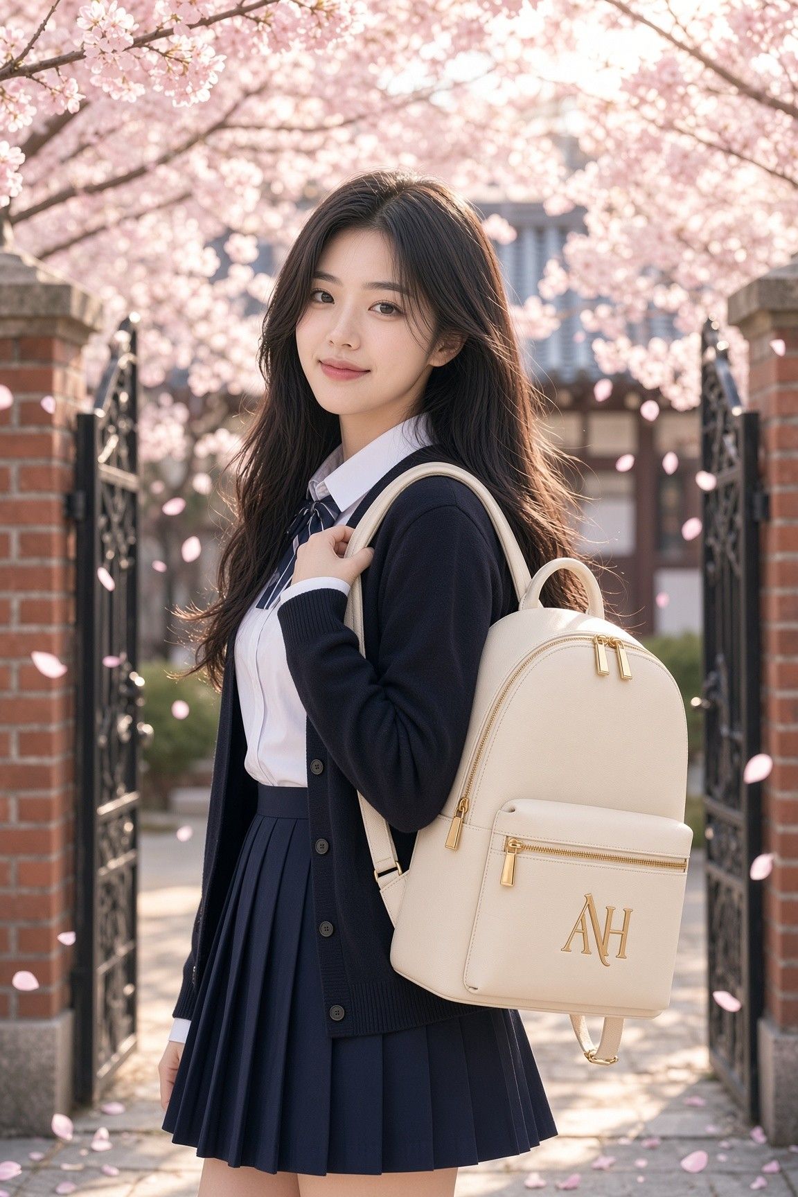 AI 생성 이미지: 벚꽃이 날리는 교문 앞에서 아이보리 미니 백팩을 멘 교복 차림 여학생