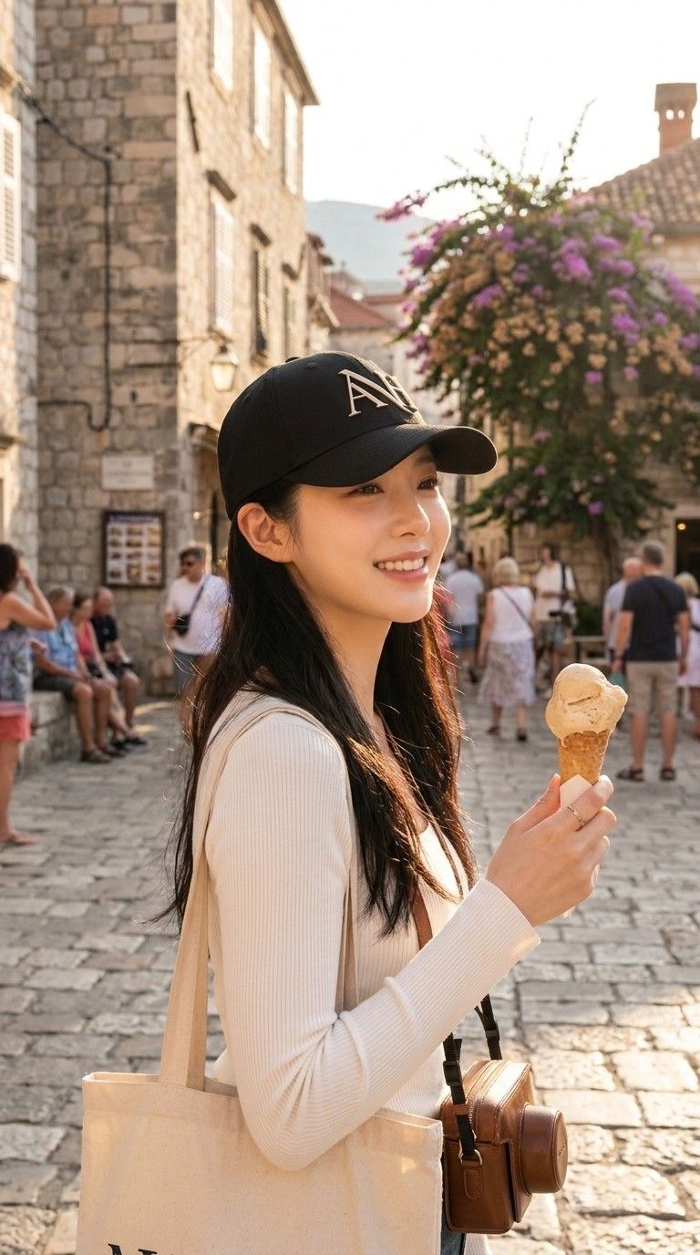 AI 생성 이미지: 돌길 골목에서 젤라토를 든 여성, 검은 볼캡과 흰 니트