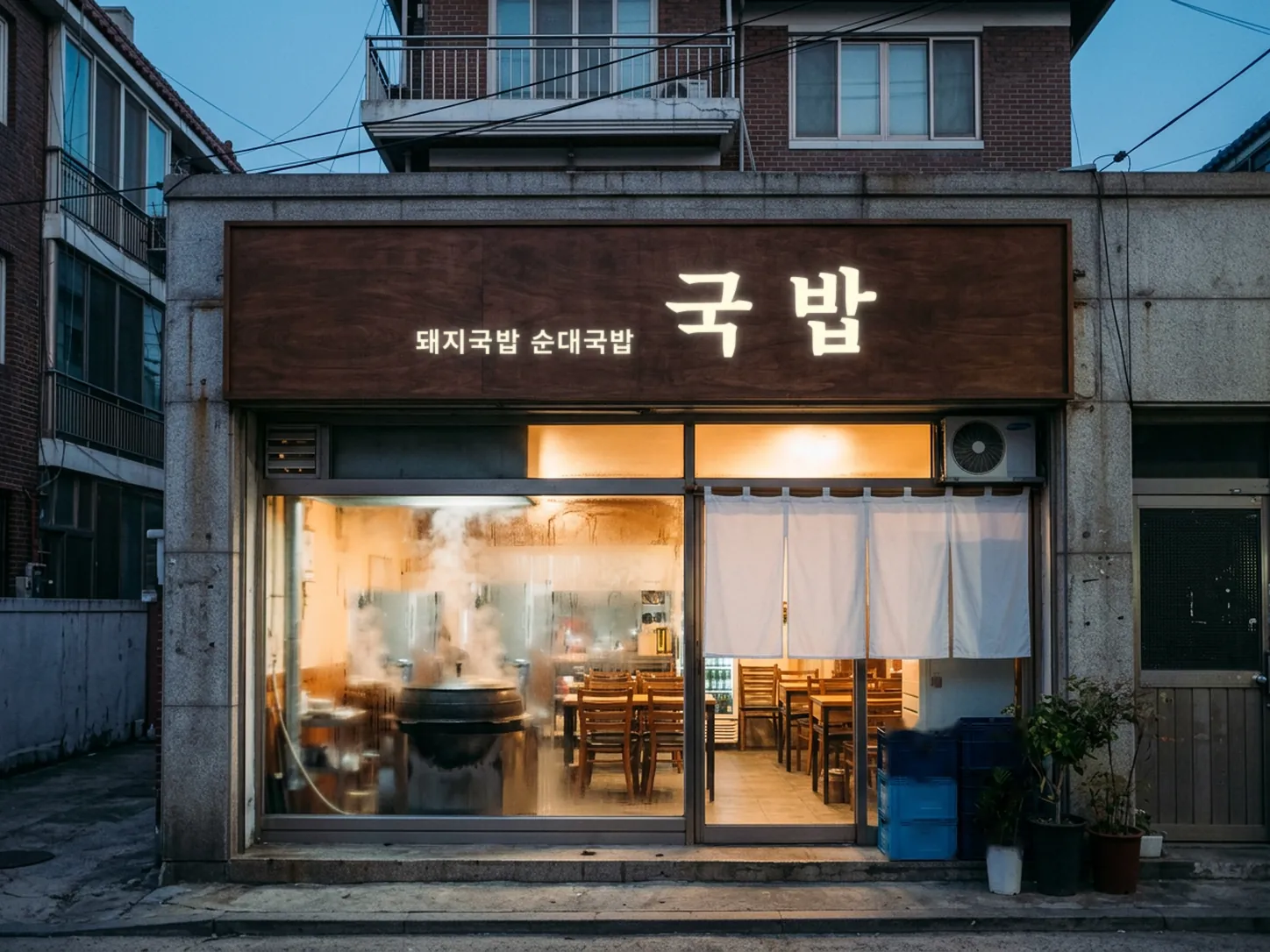 푸른 저녁, 원목 간판에 국밥 글자가 빛나고 김 서린 유리창 안에 가마솥이 보이며 문에 흰 천이 걸린 가게 외관