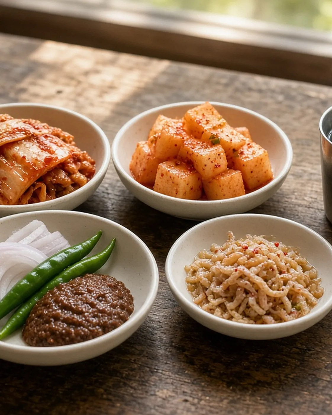 흰 접시에 담긴 배추김치, 깍두기, 양파와 풋고추, 쌈장, 새우젓