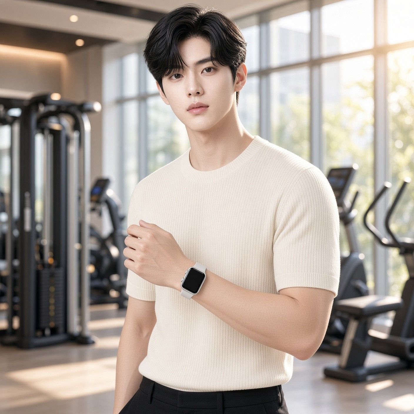 AI 생성 이미지: 헬스장에서 손목의 스마트워치를 만지는 남성