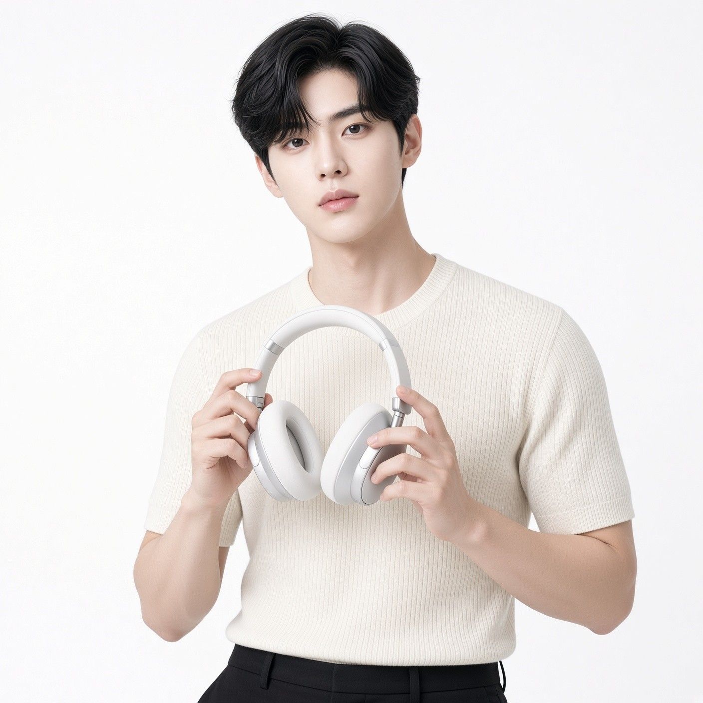 AI 생성 이미지: 흰 니트 차림 남성이 실버 화이트 헤드폰을 두 손으로 들고 있는 모습