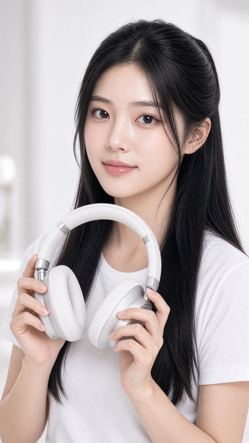 AI 생성 이미지: 흰 티셔츠 여성이 헤드폰을 두 손으로 들어 보이는 모습