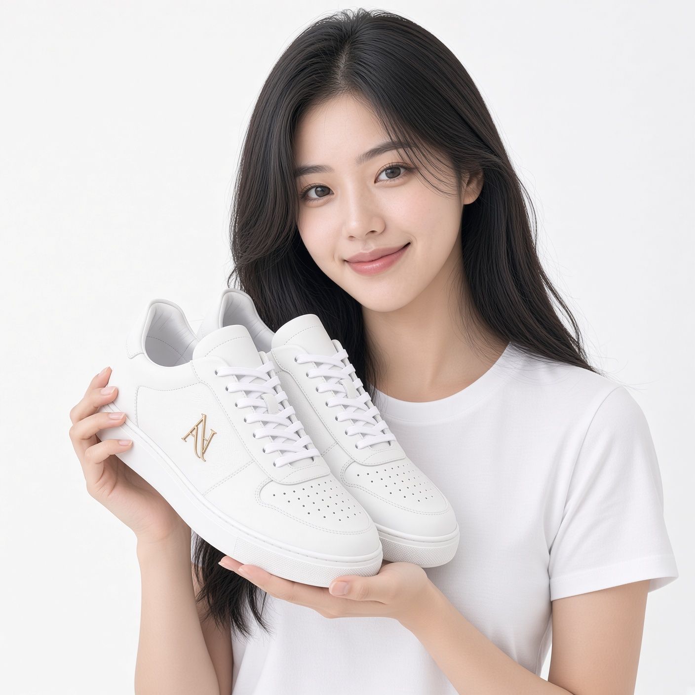AI 생성 이미지: 흰 티셔츠 차림 여성이 흰 스니커 한 켤레를 두 손으로 들고 웃는 모습