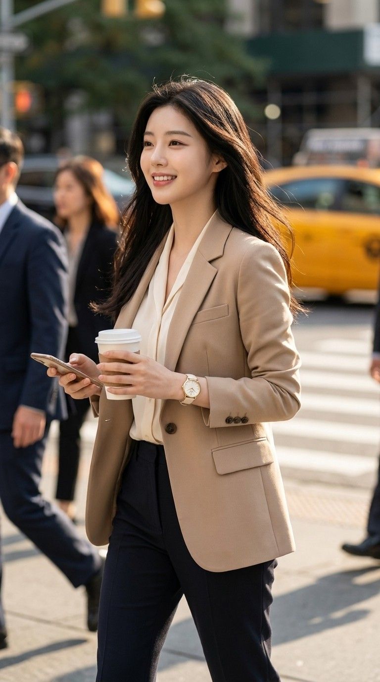 AI 생성 이미지: 도시 거리에서 웃으며 서 있는 여성, 아이보리 카디건과 손목시계