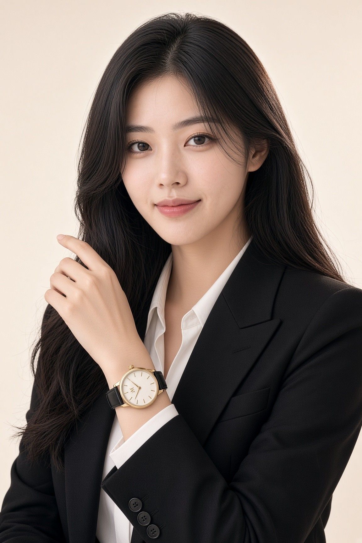AI 생성 이미지: 검은 정장 차림 여성이 손목의 금색 시계를 얼굴 가까이 든 모습