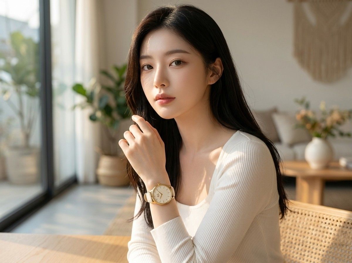 AI 생성 이미지: 창가 카페에서 컵을 들고 밖을 보는 여성, 아이보리 스트랩 손목시계