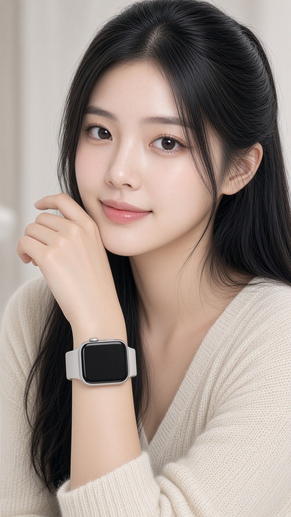 AI 생성 이미지: 흰 배경 앞에서 손목의 스마트워치를 얼굴 가까이 든 여성