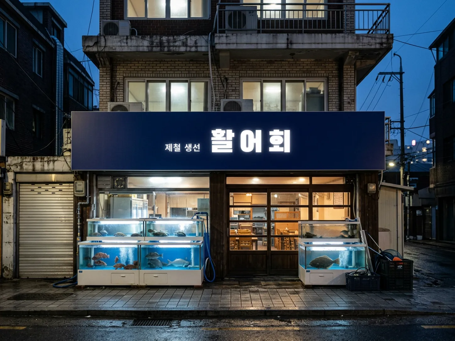 저녁 골목, 남색 간판 아래 가게 앞에 놓인 흰 수조 두 대와 불 켜진 미닫이 문