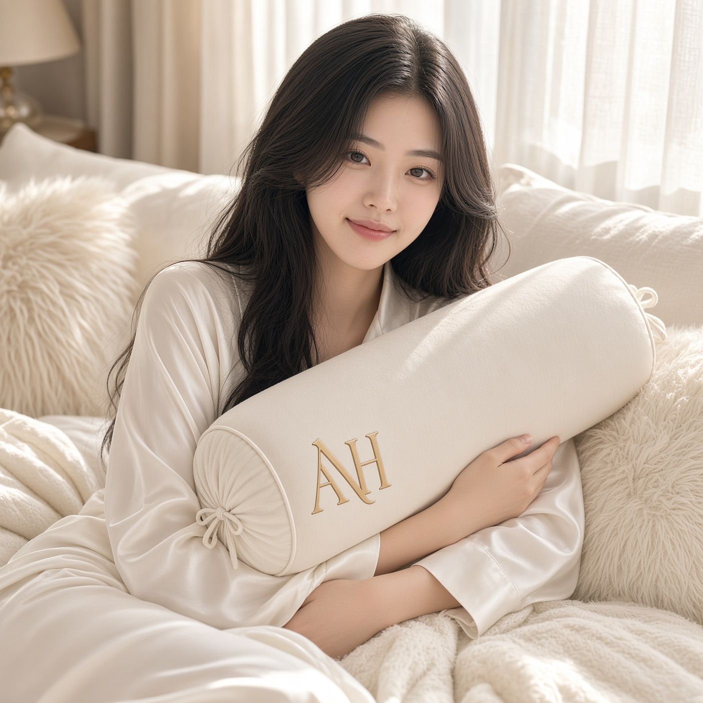 AI 생성 이미지: 아이보리 쿠션을 끌어안고 침대에 앉아 웃는 여성
