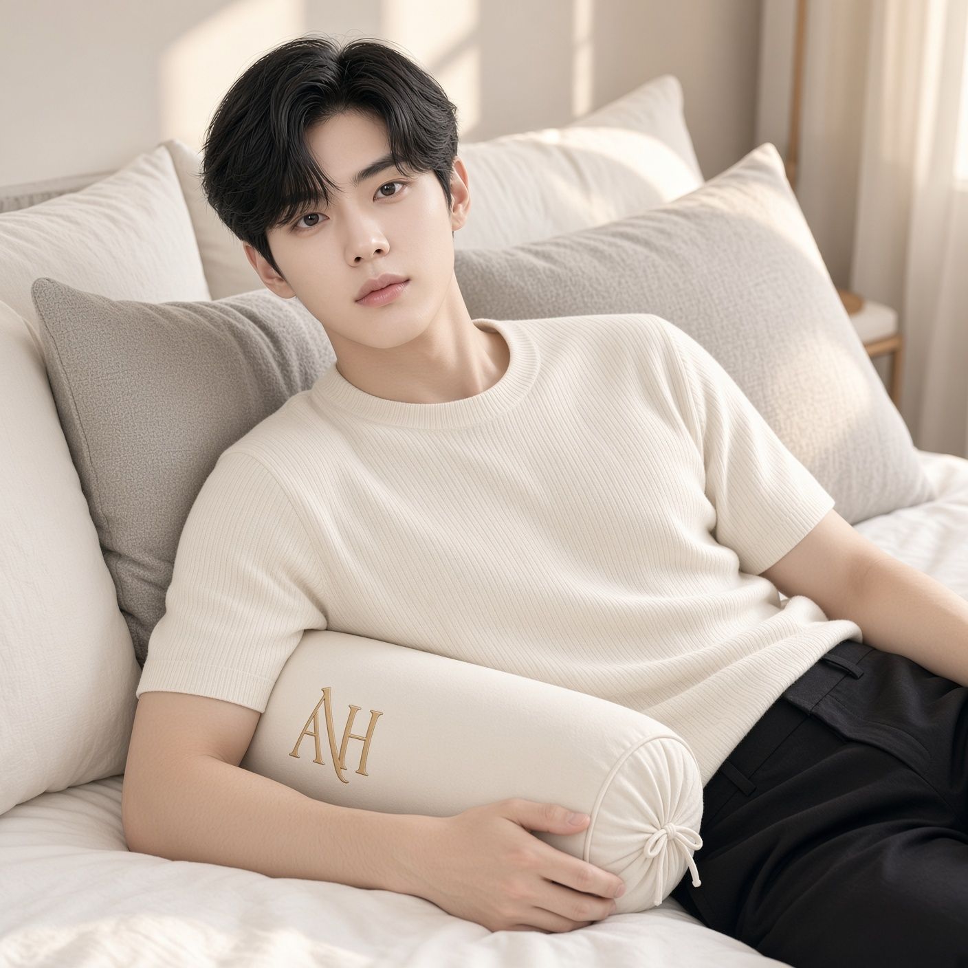 AI 생성 이미지: 침대에 기대 누워 아이보리 쿠션을 안은 남성