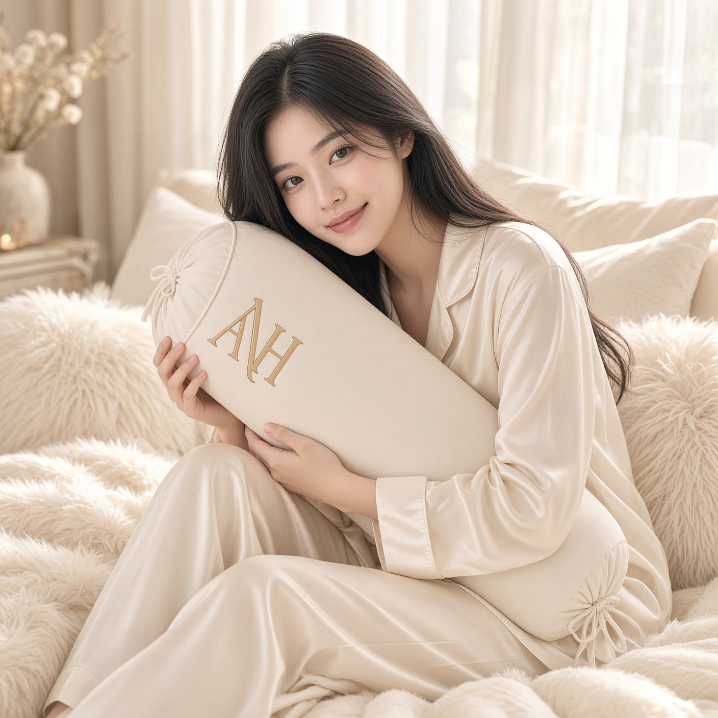 AI 생성 이미지: 흰 잠옷 차림 여성이 아이보리 쿠션을 두 팔로 감싼 모습