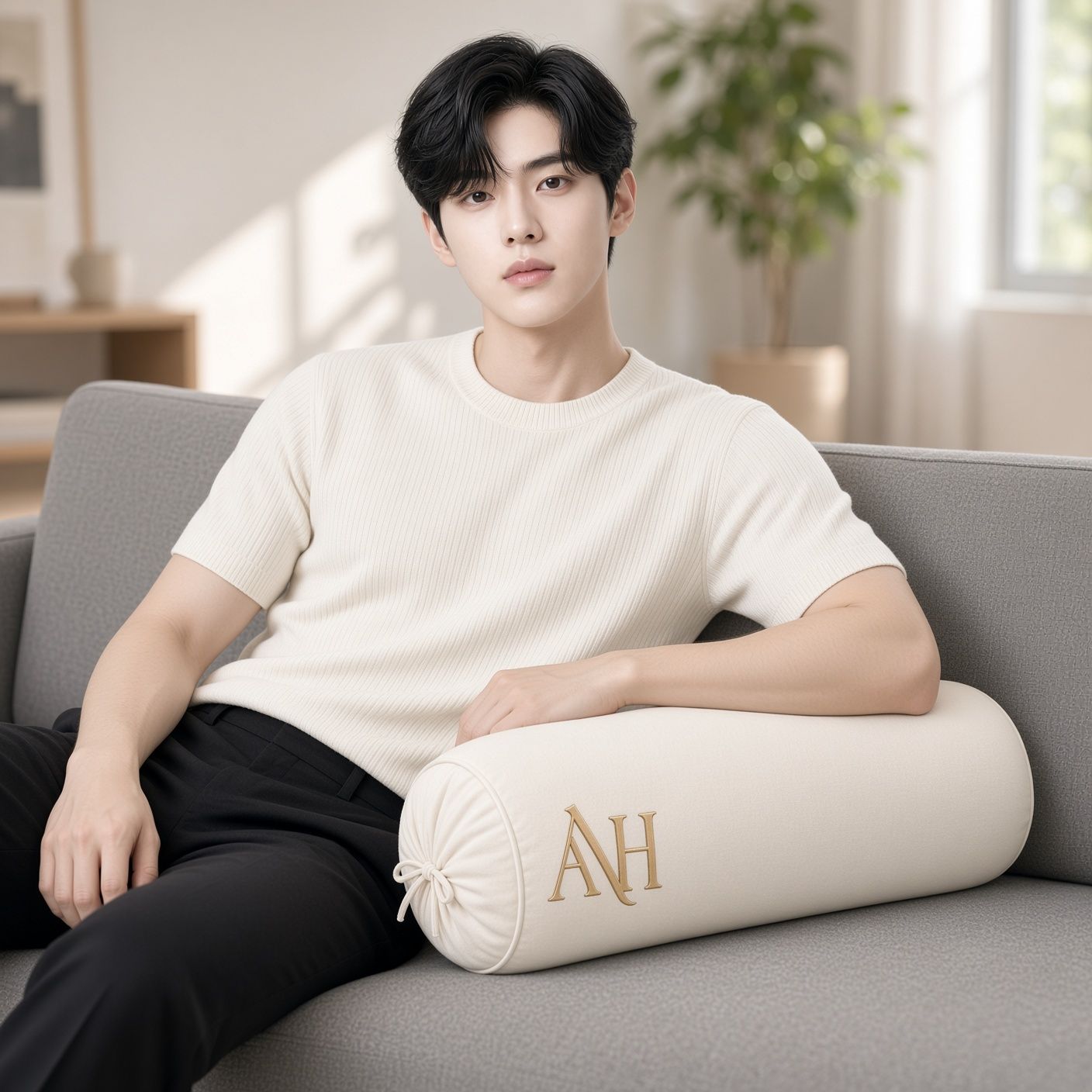 AI 생성 이미지: 흰 티셔츠 차림 남성이 회색 소파에서 아이보리 쿠션에 팔을 올린 모습
