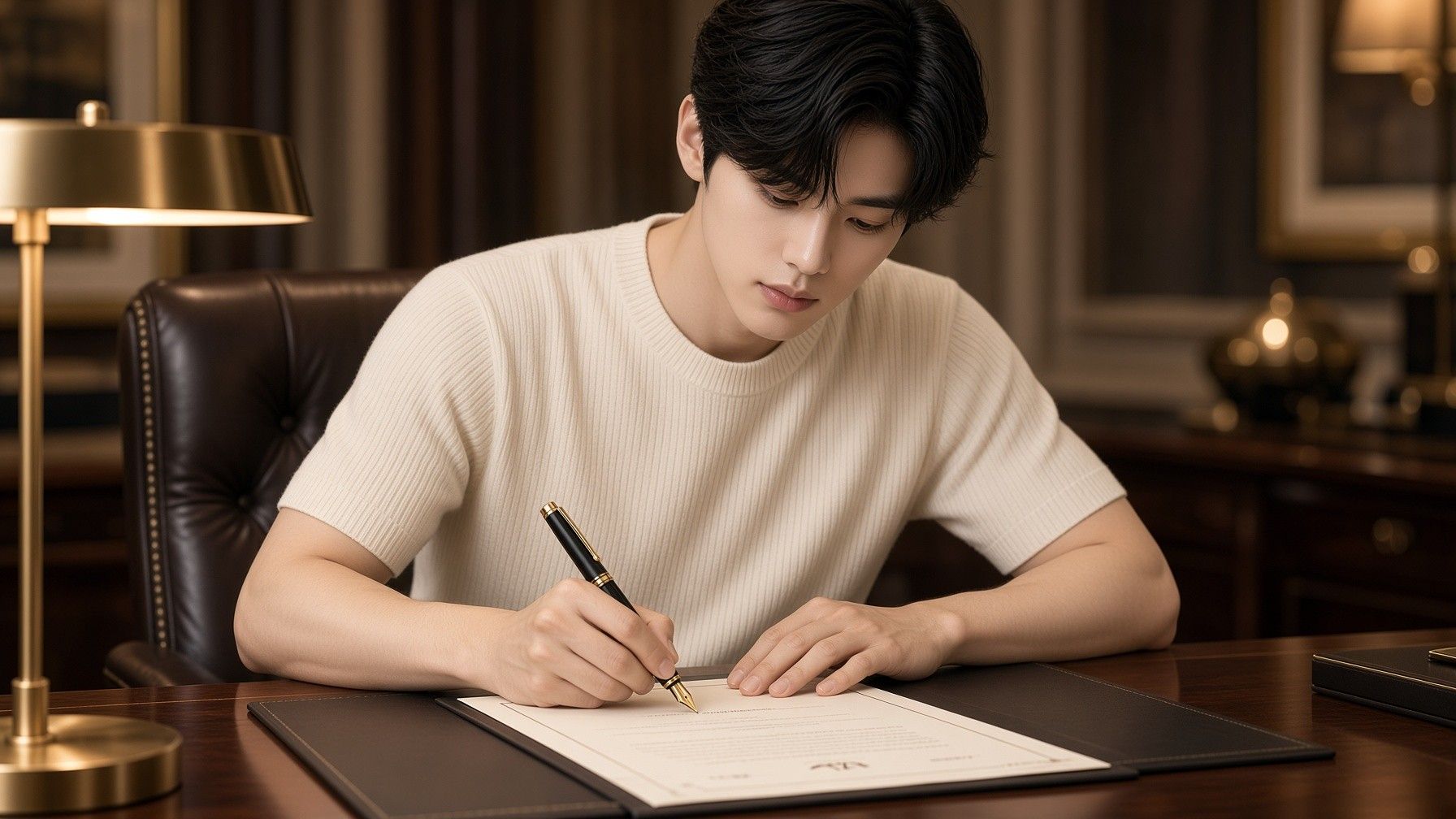 AI 생성 이미지: 스탠드 불빛 아래 서재 책상에서 만년필로 종이에 쓰는 남성, 아이보리 니트